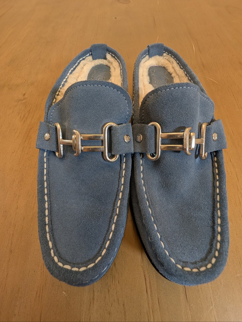 Cole Haan Blue Suede Shearling-Lined Slip-On Loafers Silver Buckle Size 7